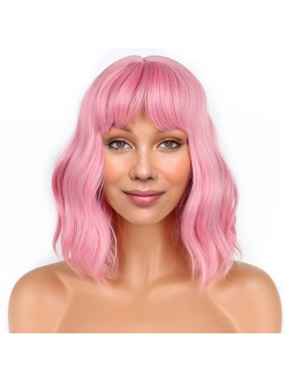 Women's Pink 12 Inch Loose Wavy Synthetic Shoulder Length Bob Wig Bangs